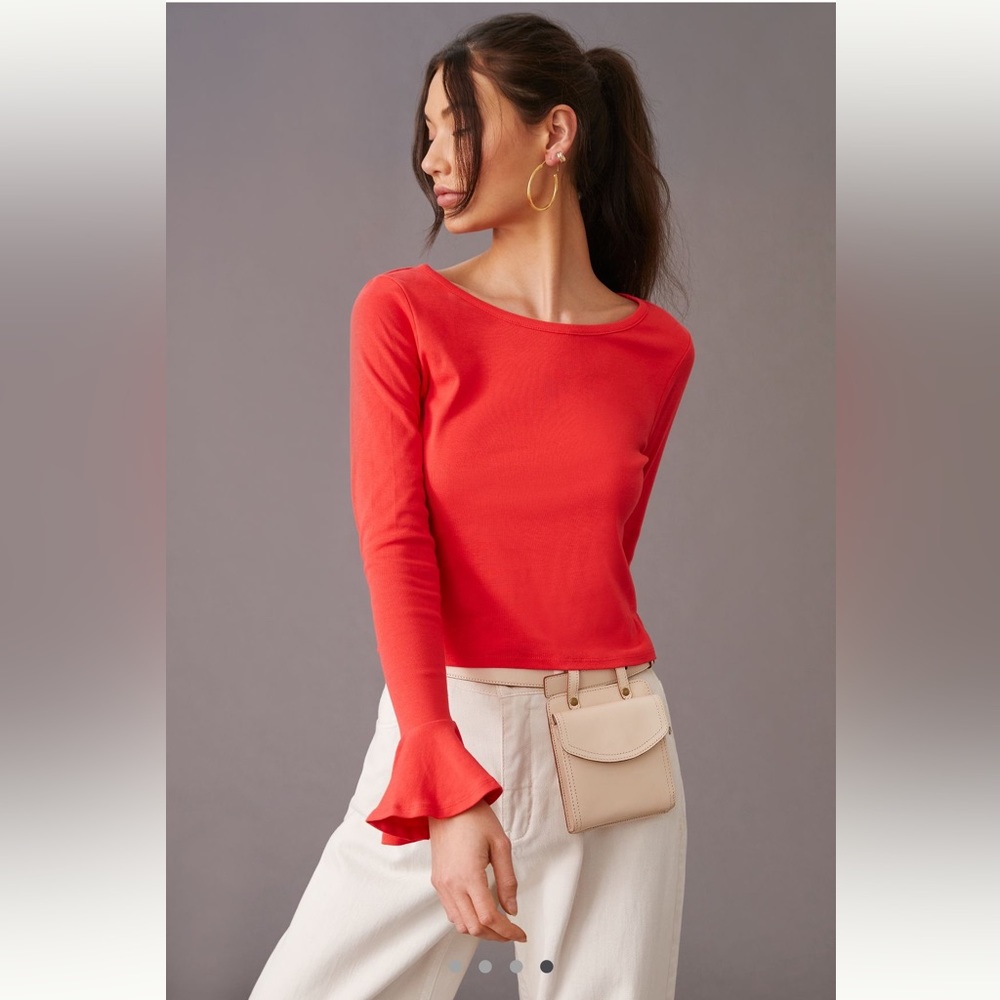 NWT, Anthropologie, by Maeve Red Flouncy Top with Bell Sleeves, Sizes XS and L